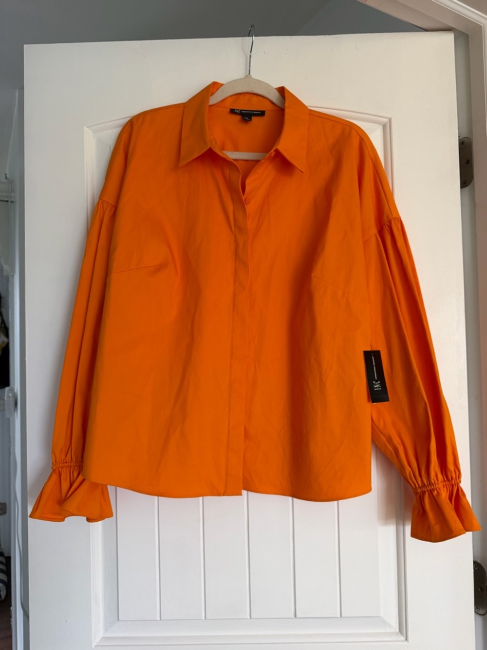 Bright Orange Long Balloon-Sleeve Button Shirt (hidden buttons)   NWT